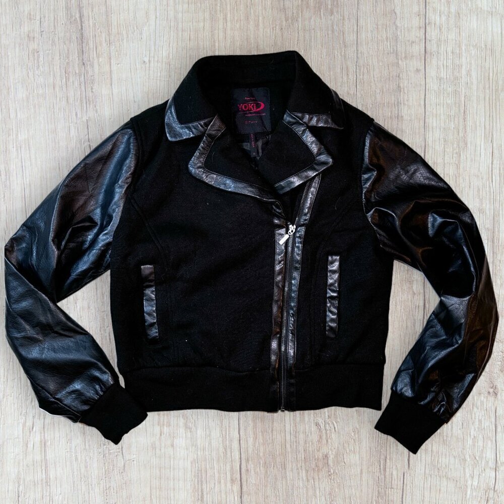 YOKI Faux Leather Sleeve Black Moto Zipper Vegan Jacket Coat Women's M